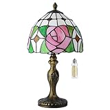 Zezirdas lámpara tiffany, Lámpara de mesa con decoración de rosas rosadas y vidrieras de 8 pulgadas