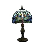 Tokira Lámparas de mesa vintage de Tiffany 8 pulgadas, patrones de lámparas de vidrio manchado Hecho a mano SeaBlue Dragonfly Dormitorio Lámparas de...