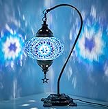 BOSPHORUS Impresionante lámpara de mesa de cristal con cuello de cisne turco marroquí, con base de bronce (azul)